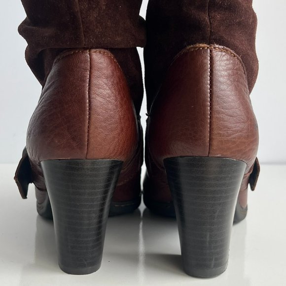BOC BORN Chocolate Brown Leather Boho Buckle Pull On Mid Calf Block Heel Boots - Picture 8 of 14
